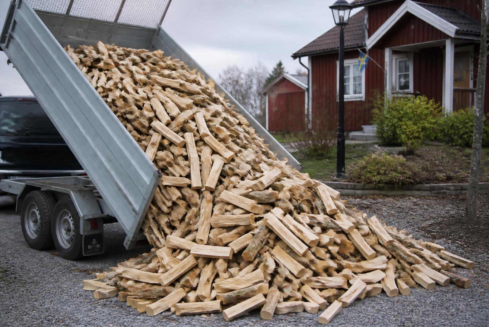 Leverans av ved med kranbil i Skåne